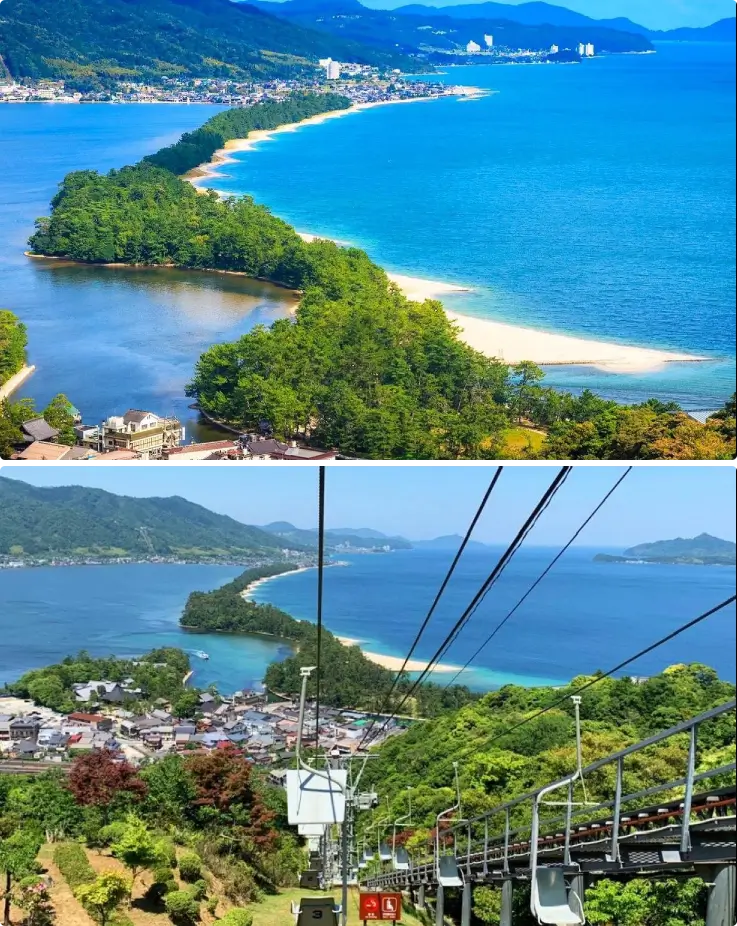 Amanohashidate sandbar with pine trees stretching across the sea in Kyoto