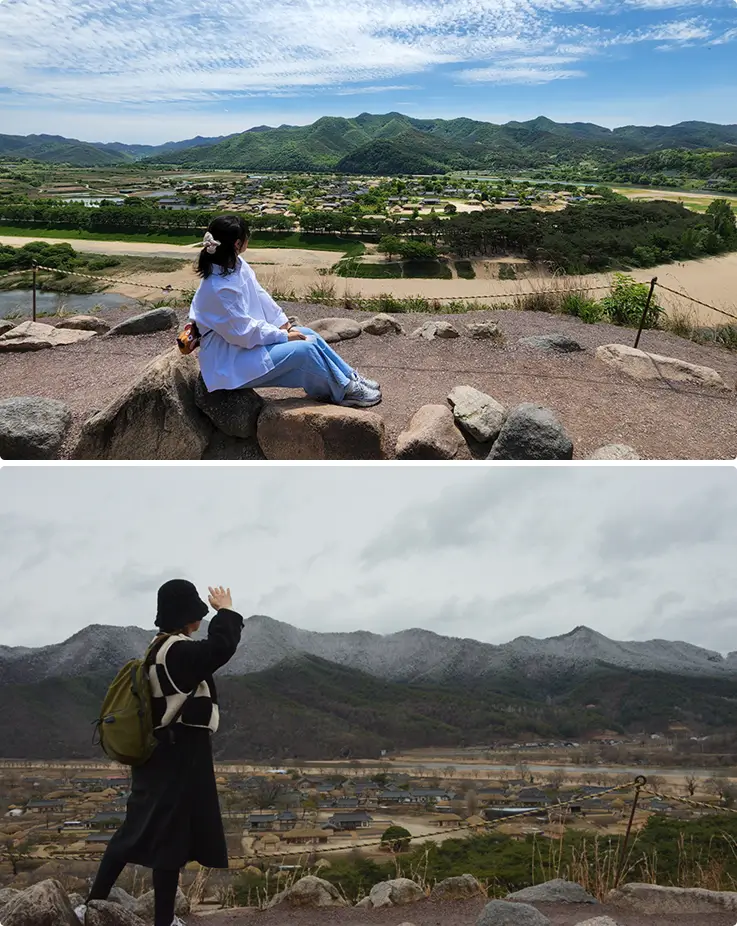 Tourist appreciating the panoramic view of Andong Hahoe Village from Buyongdae Cliff.