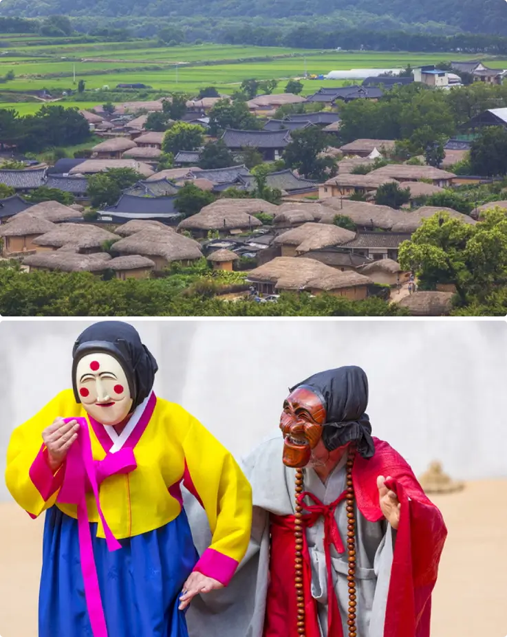 Traditional hanok houses in Andong Hahoe Folk Village surrounded by nature