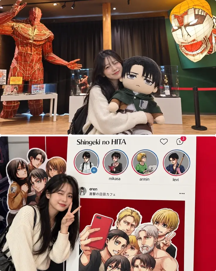 Visitor taking photos with exhibitions at Shingekinokyojin in HITA Museum