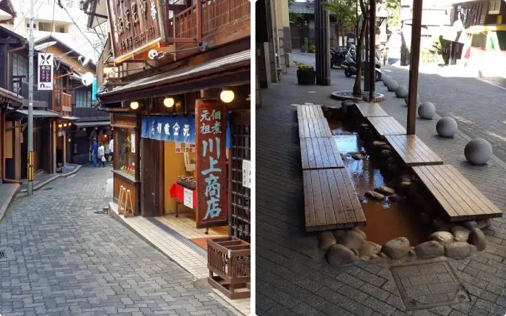 Scenic view of Arima Onsen town with hot spring inns and traditional houses