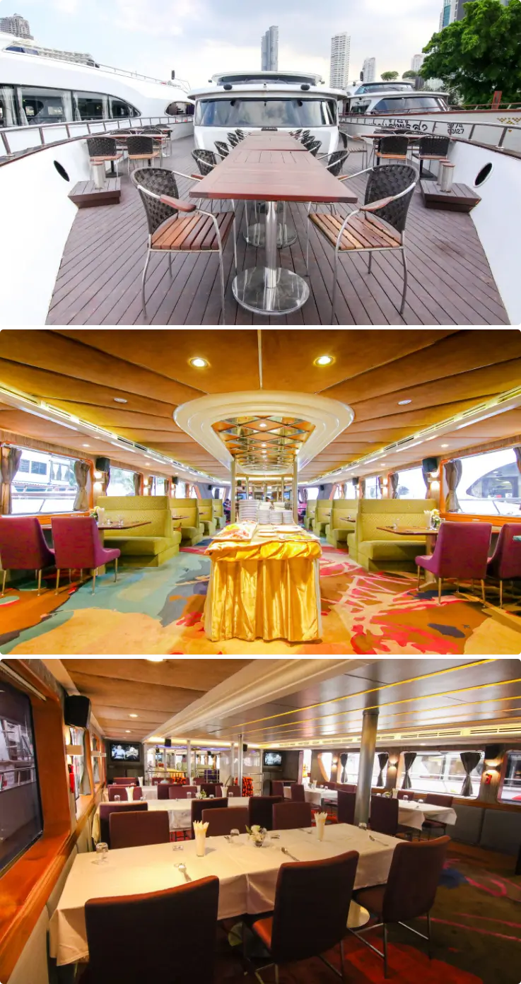 Expansive dining area on the Grand Pearl Cruise in Bangkok.