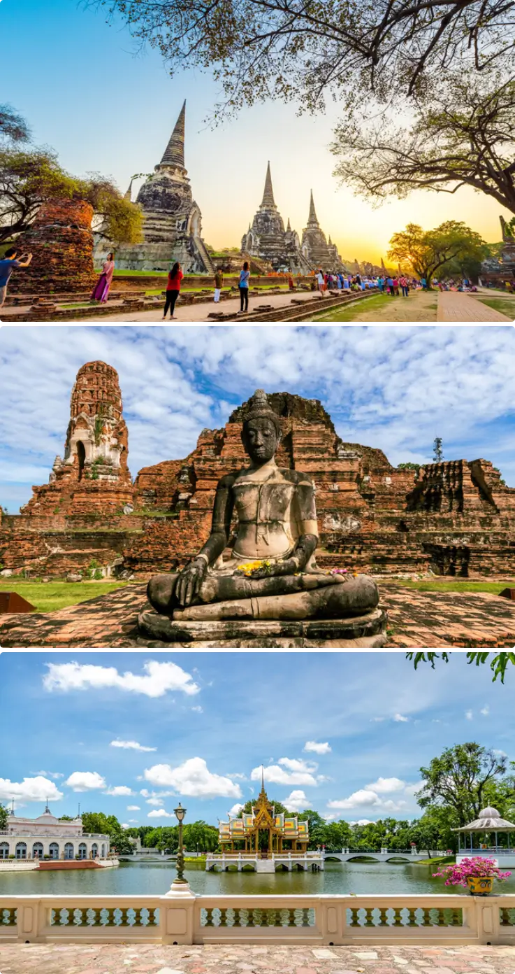 Temple ruins and palaces in Ayutthaya, the historic capital of Thailand.