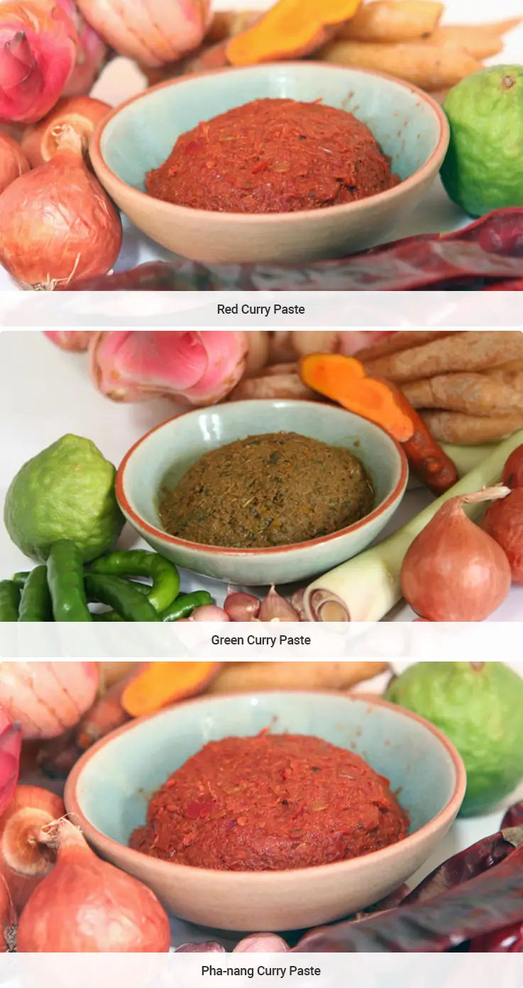 Home-made curry pastes made at Basil Cookery School in Chiang Mai.