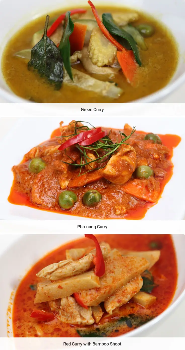 Three types of curry on the menu at Basil Cookery School Thai cooking class in Chiang Mai.