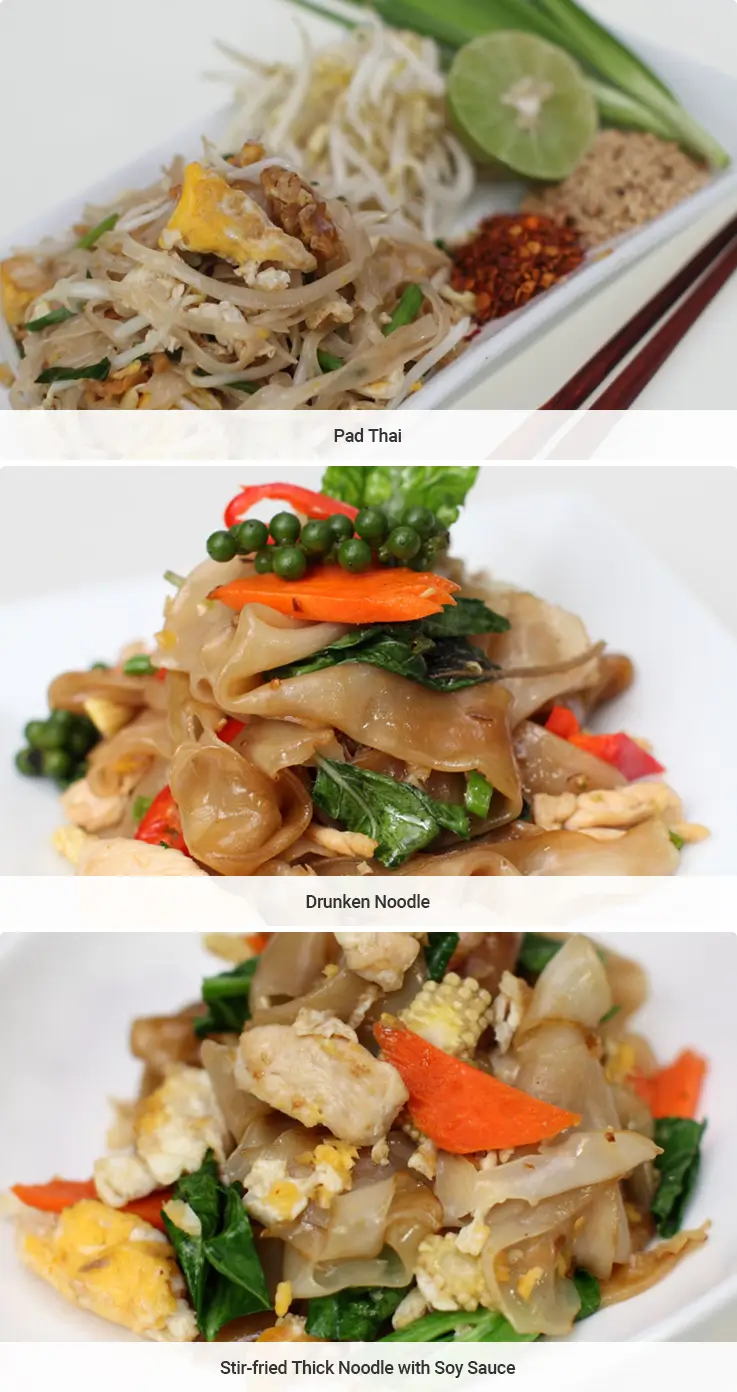 Three types of Thai noodles on the menu at Basil Cookery School Thai cooking class.