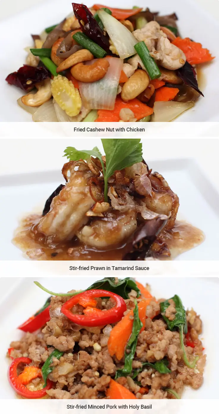 Stir-fried dishes you'll learn to cook at an authentic Thai cooking class in Chiang Mai.