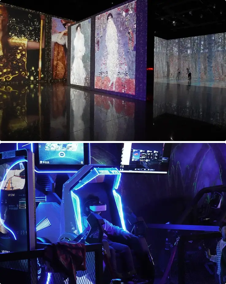 Interior of Belleforet Media Art Center with visitors enjoying interactive art displays and installations.