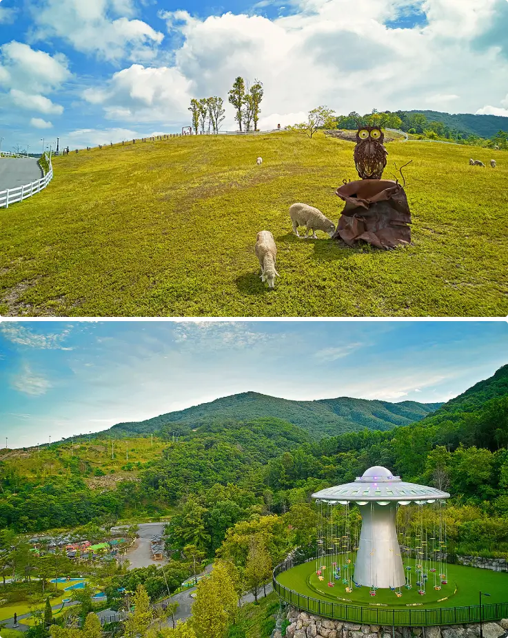 Visitors enjoying hands-on activities at Belleforet Resort farm, surrounded by green pastures and grazing animals.