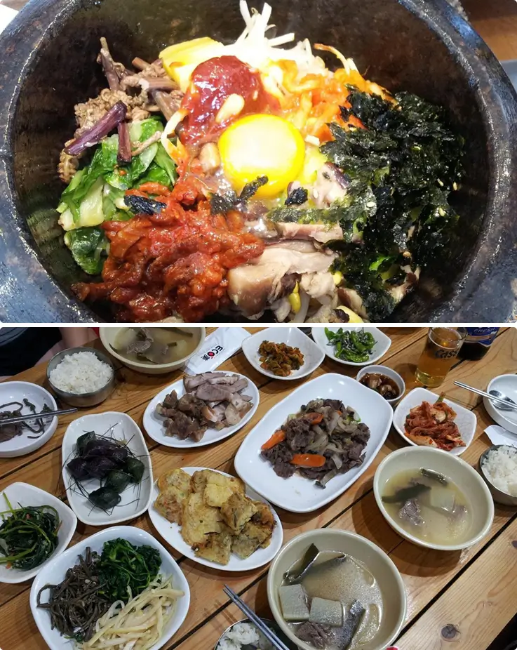 Authentic Korean lunch with bibimbap and side dishes.