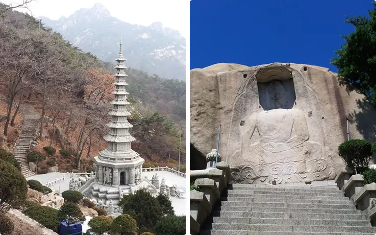 Stone pagoda and the rock-carved seated Buddha at Seunggasa Temple.