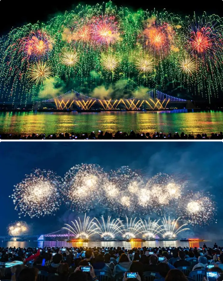People watching fireworks from reserved beach seats at Busan Fireworks Festival near Gwangalli Bridge