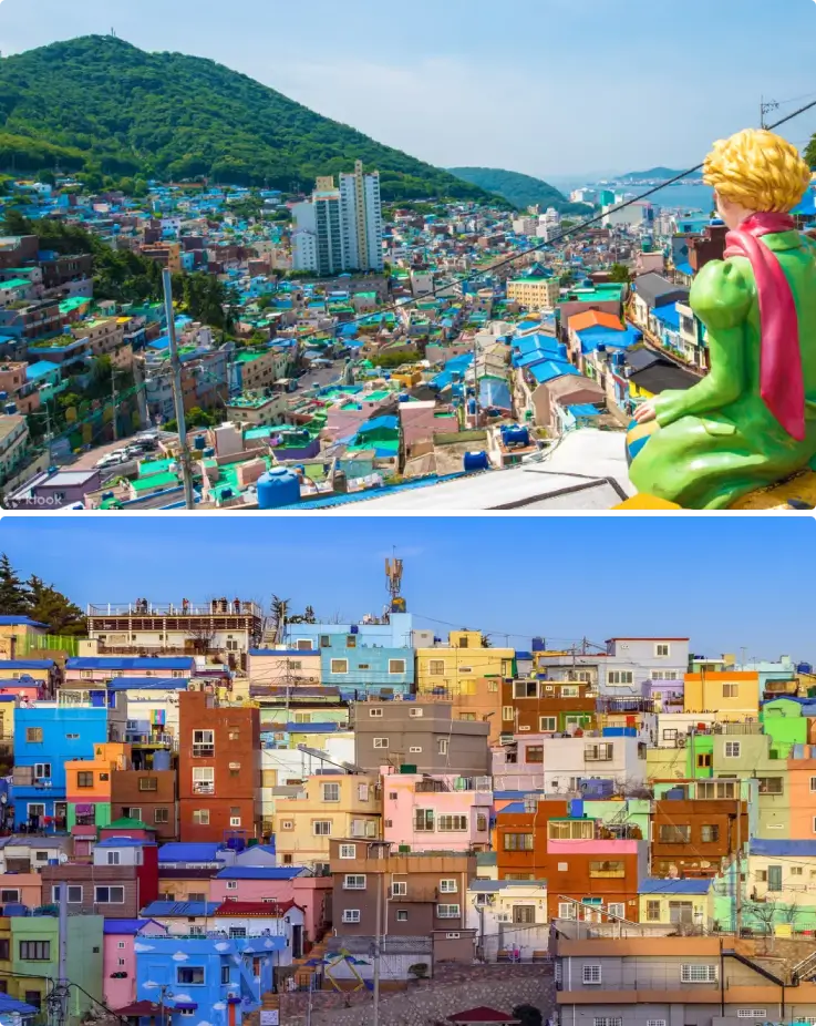 Vibrant hillside village in Busan with colorful houses, murals, and art installations lining narrow alleyways.