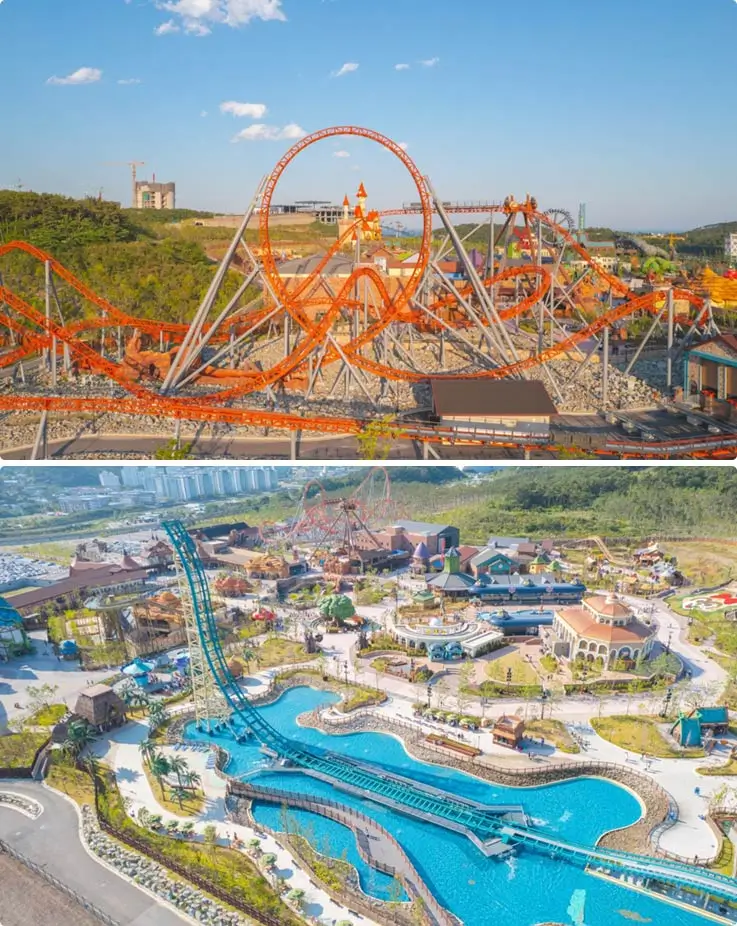 Busan Lotte World theme park featuring a thrilling orange roller coaster, water rides, and family-friendly attractions with a mountain backdrop and vibrant park layout.
