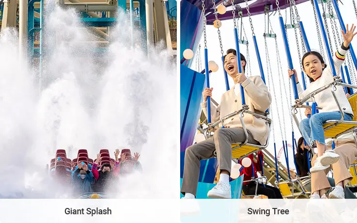 Thrilling rides at Lotte World Busan featuring the Giant Splash water ride with a massive splash and the Swing Tree ride with visitors enjoying the swings.