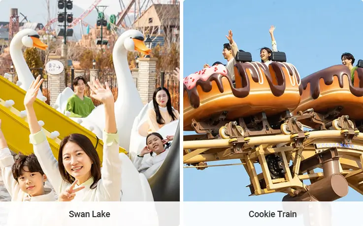 Visitors enjoying the Swan Lake ride and Cookie Train roller coaster ride at Lotte World Busan, showcasing family-friendly attractions under sunny skies.