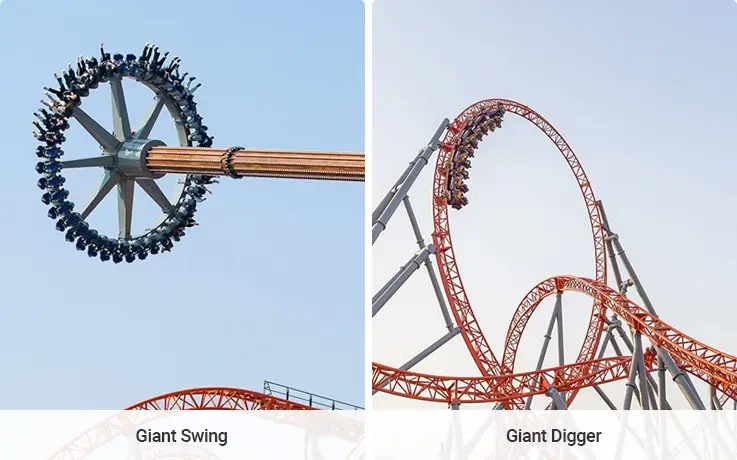 Trill rides at Lotte World Busan Adventure including Giant Swing and Giant Digger.