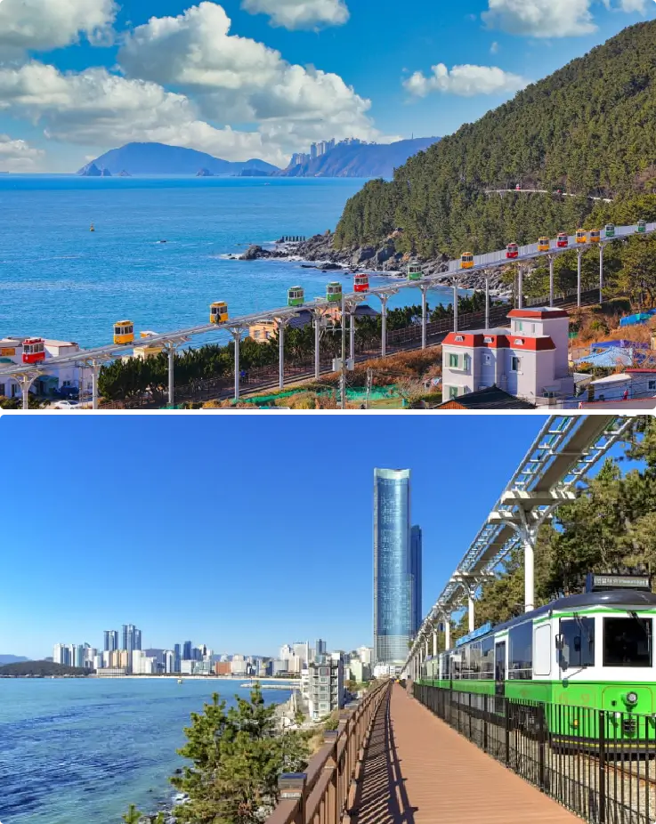 Haeundae Blueline Sky Capsule running along the coastline in Busan.