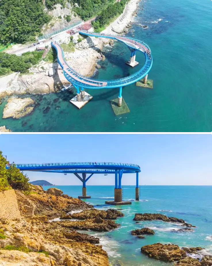 Glass skywalk at Cheongsapo Daritdol Observatory over the ocean.