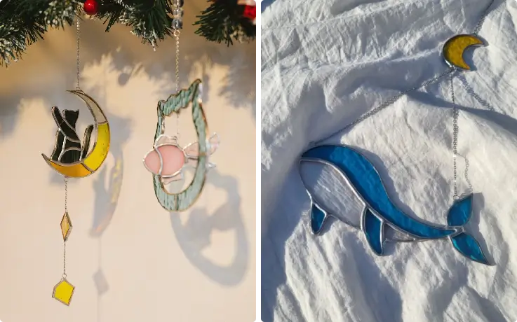 Stained glass suncatcher reflecting light in a Busan workshop