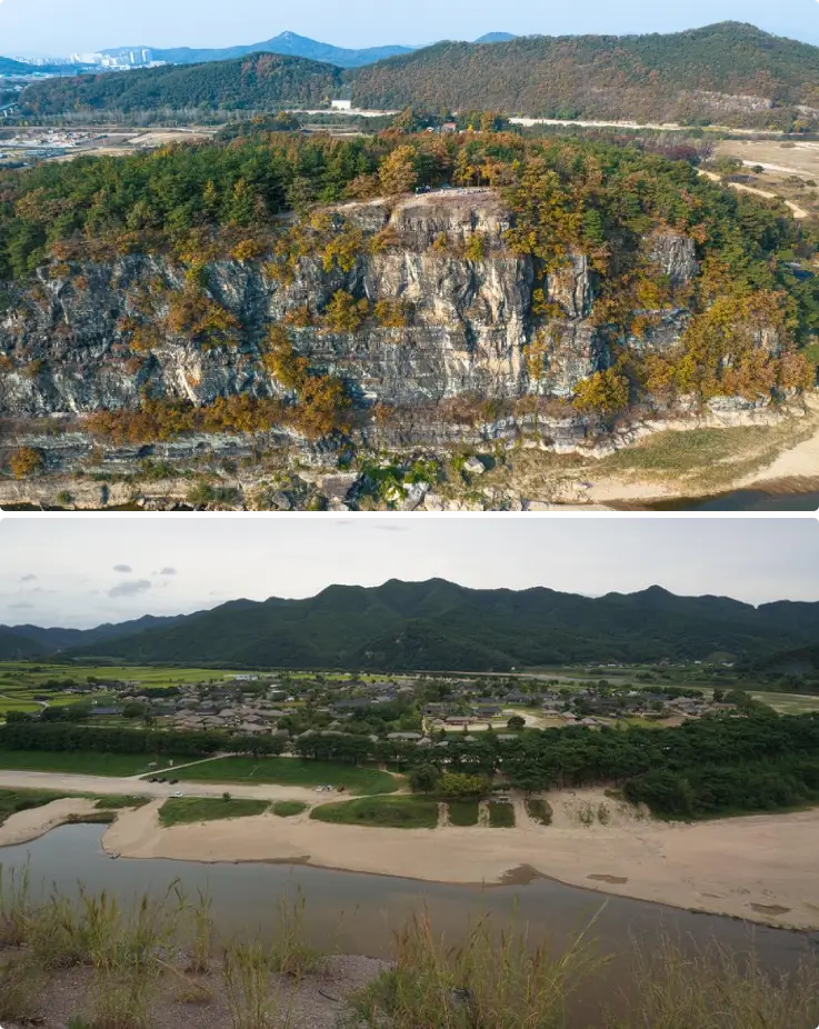 Buyongdae Cliff and the view of Andong Hahoe Folk Village from the summit.