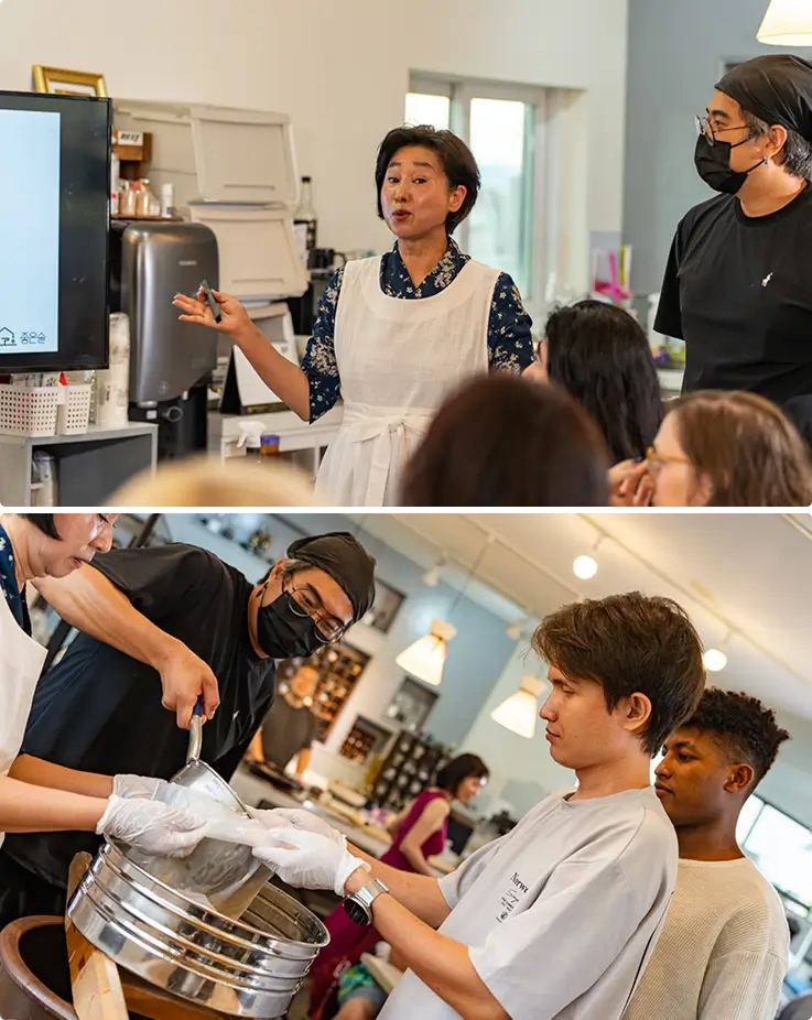 Group of people learning about traditional alcohol on a local brewery tour from Seoul.