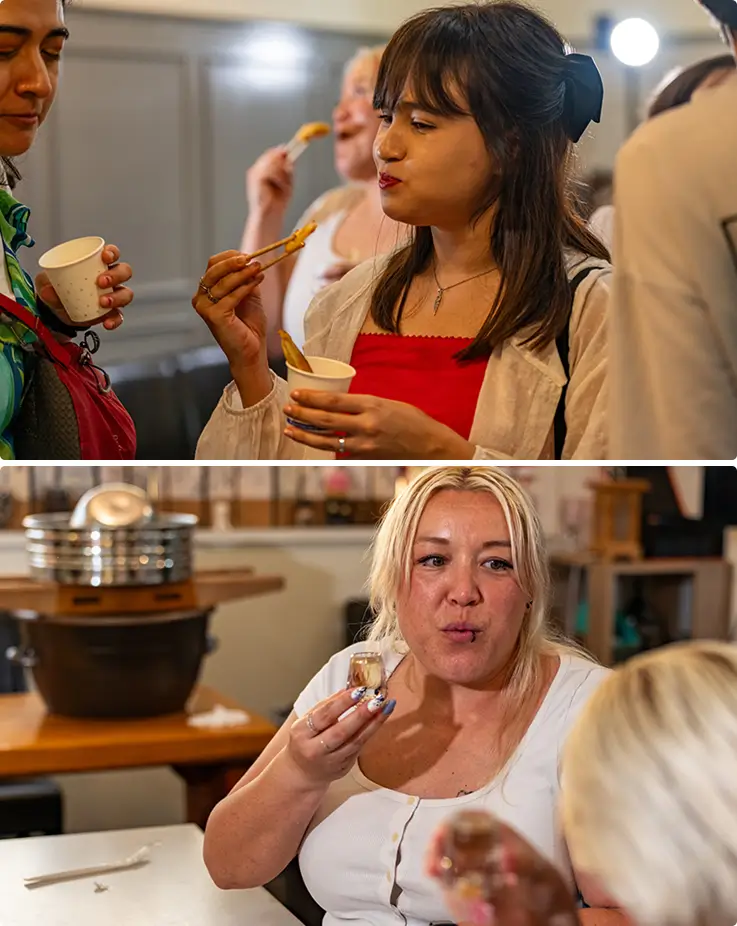 Participants of the brewery tour tasting various liquor with light snacks.