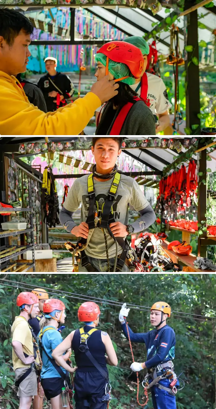 Participants wearing helmets and safety gear before ziplining in Chiang Mai jungle