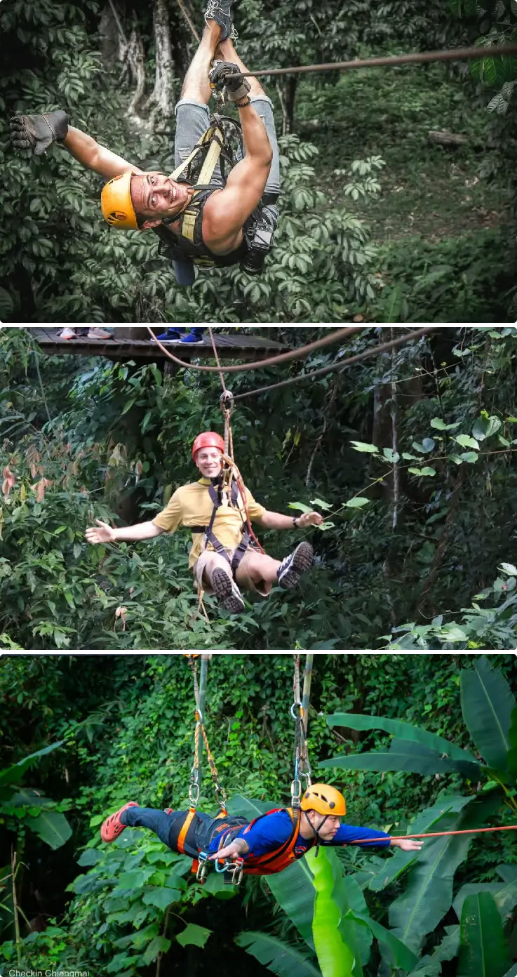 People striking fun poses while riding zipline in the jungle