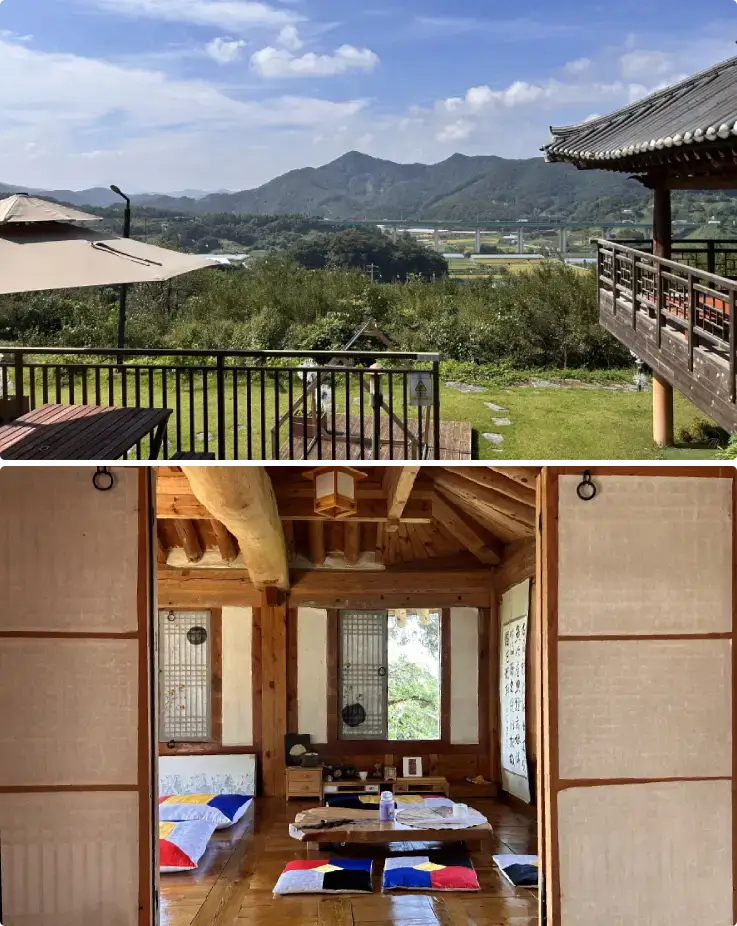 Traditional Korean hanok house at Boeun White Dandelion with wooden architecture and courtyard.