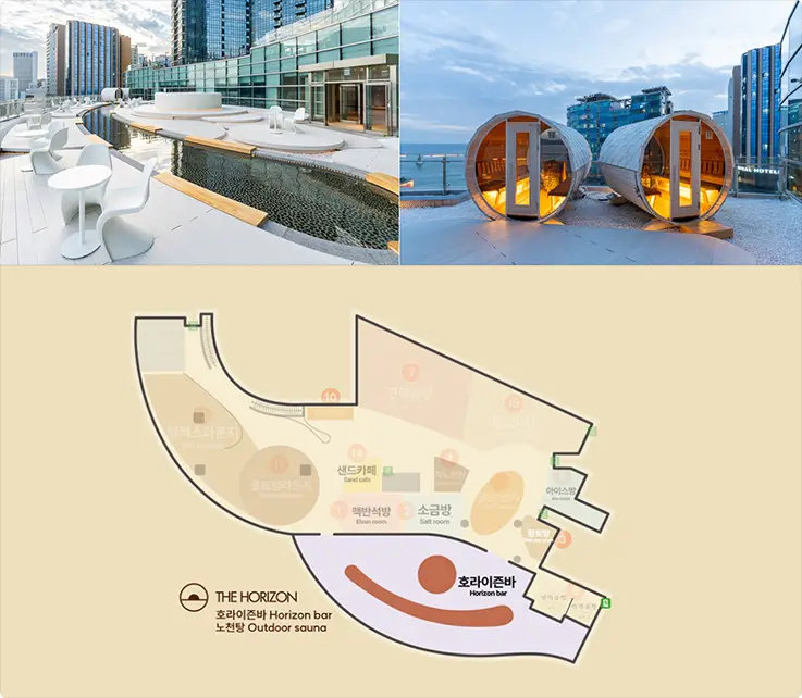 Rooftop ocean view terrace at ClubD Oasis Spa & Waterpark in Busan.