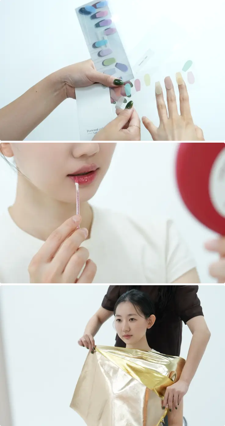 Swatching colors to find out which nail, lip, and accessory color suits them best.