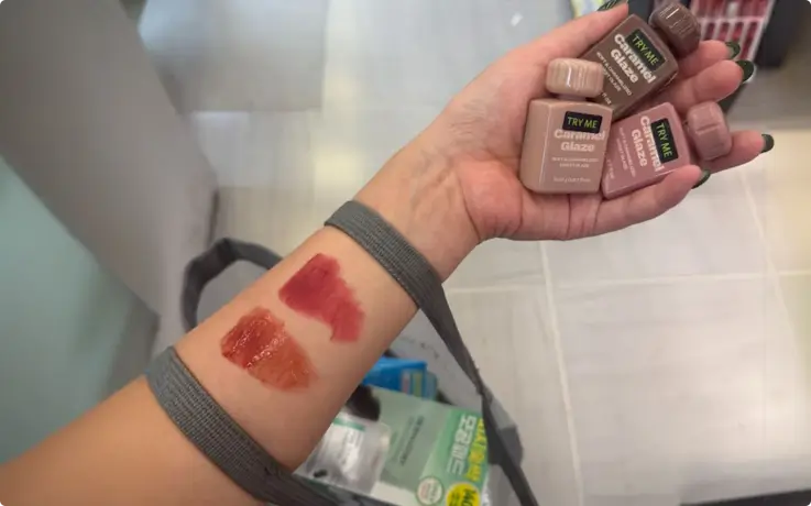 Swatching different lip shades while shopping in Hongdae
