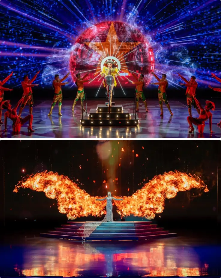 A vibrant cabaret performance on a grand stage featuring a troupe of transgender dancers.