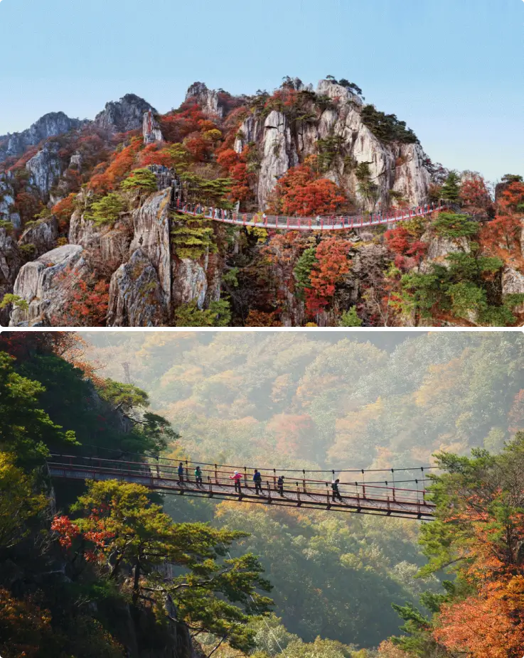 Daedunsan Geumgang Suspension Bridge with scenic mountain cliffs and fall colors