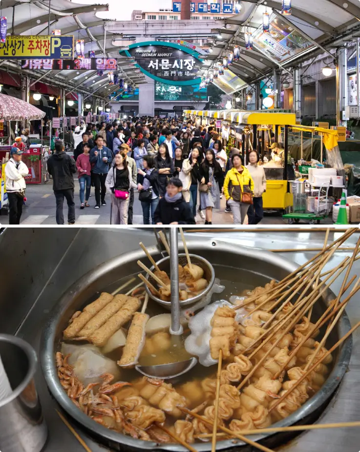 Bustling Seomun Market with food stalls and shoppers