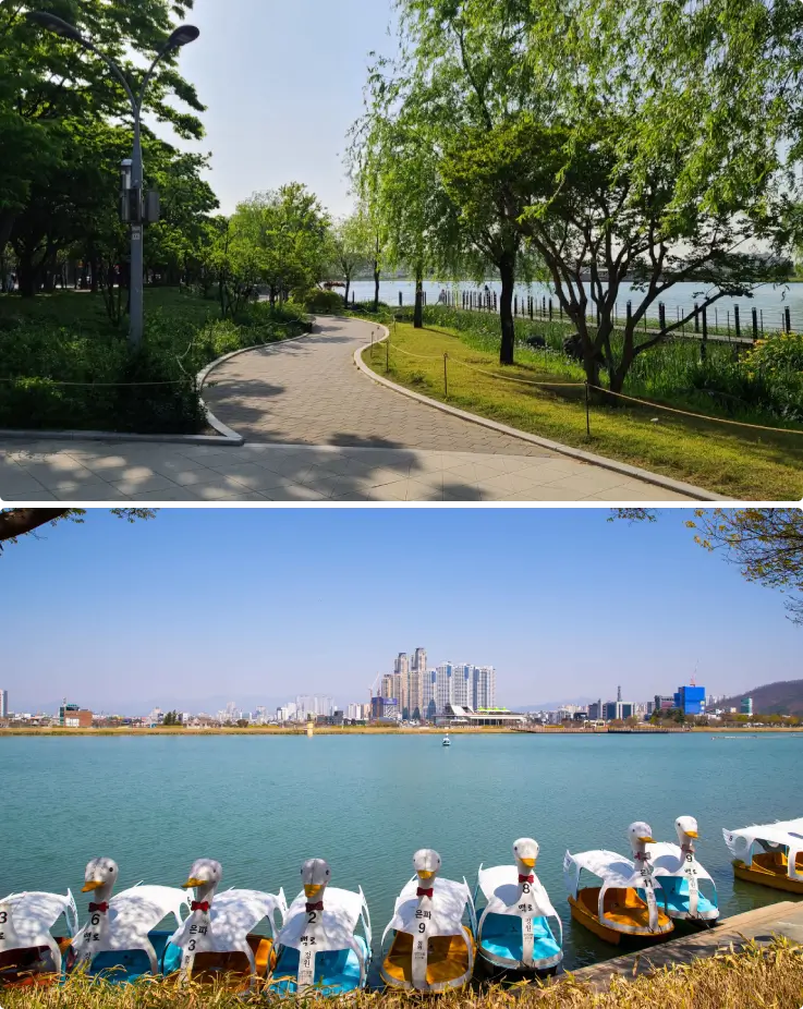 View of Suseongmot Lake with people strolling and boats on the water
