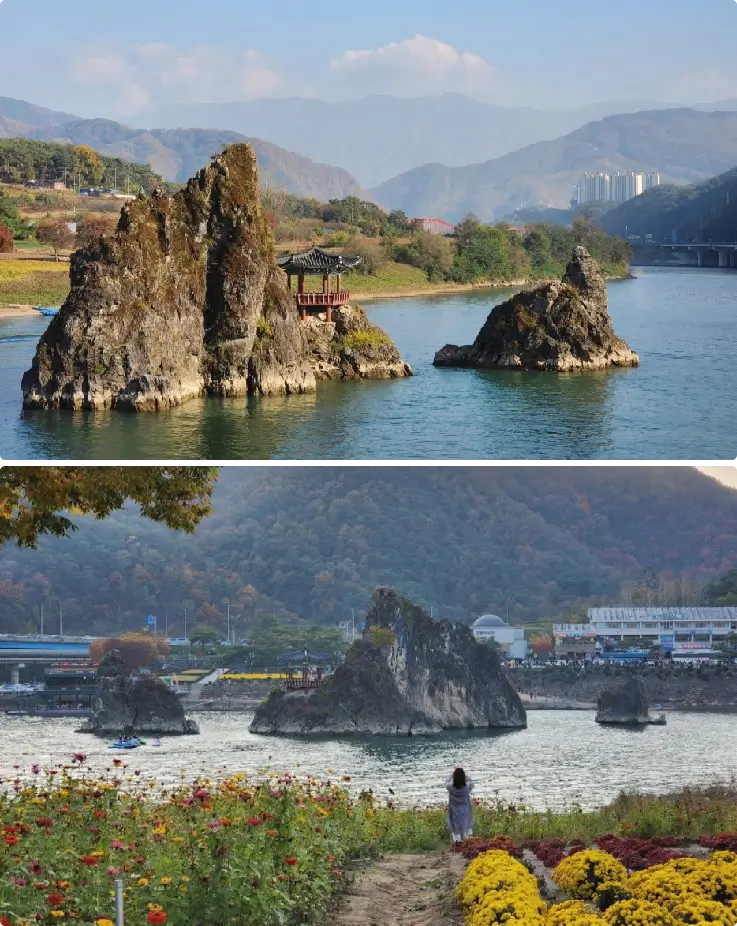 Dodamsambong Peaks rising from the river in Danyang, South Korea