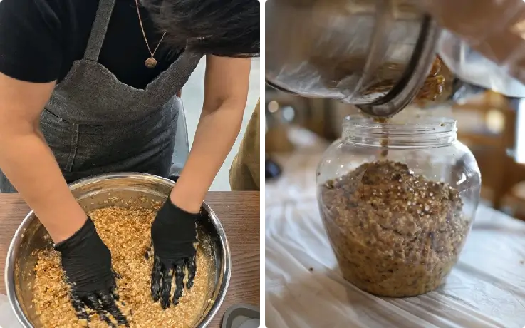 Participants making traditional Korean doenjang and gochujang by hand