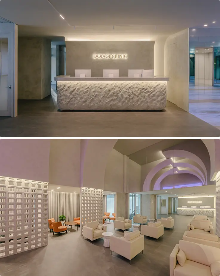 Modern reception area at Dojagi Clinic in Gangnam, Seoul.