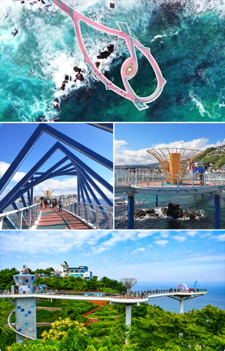 Amazing aerial view of the Dojjaebigol Haerang Observatory, an 85m-high bridge-type observation deck.