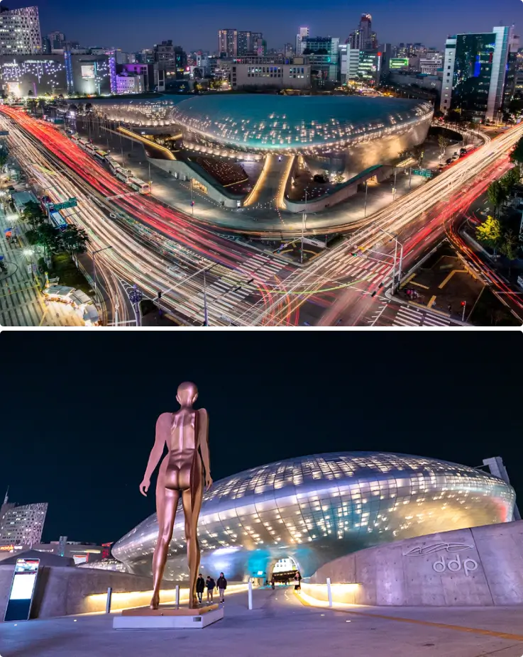Dongdaemun Design Plaza's futuristic architecture and light displays at night.