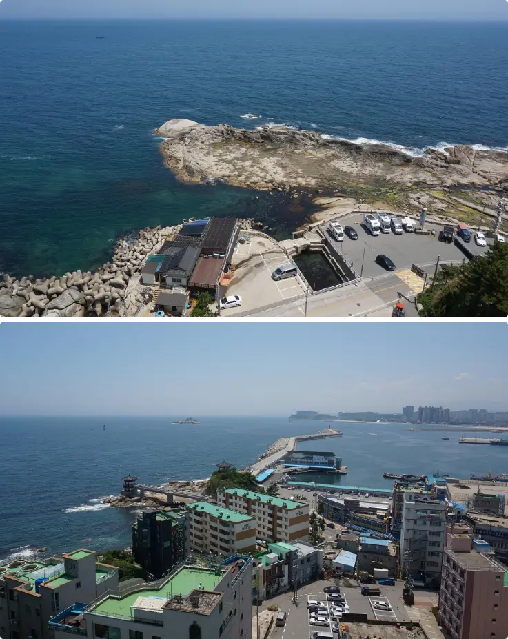 View of the Donghae coastline and Dongmyeong Port from the Sokcho lighthouse.
