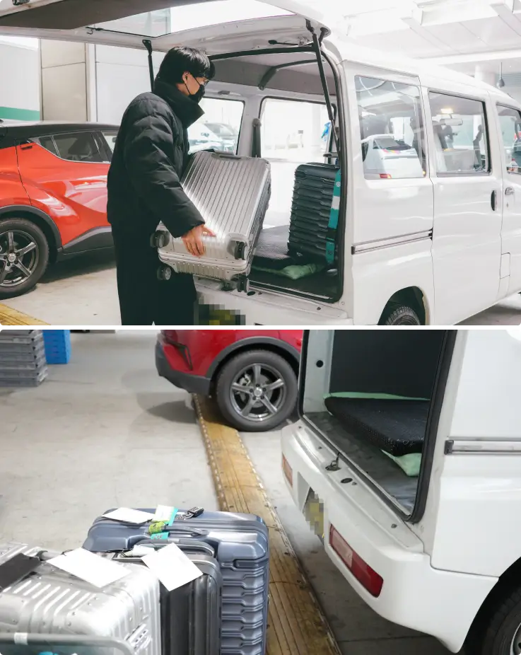 Staff loading luggage onto a van for same-day delivery from Haneda Airport to hotels in Tokyo.