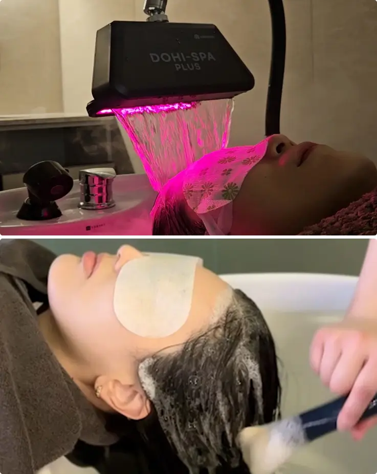 Customers receiving a relaxing Korean head spa at Eco Jardin Jamsil Lotte Tower.