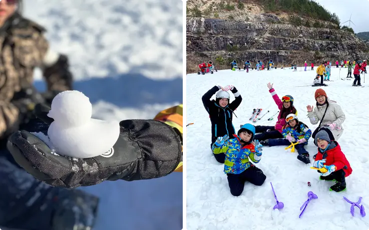 Visitors at Eden Valley Ski Resort making snow duck