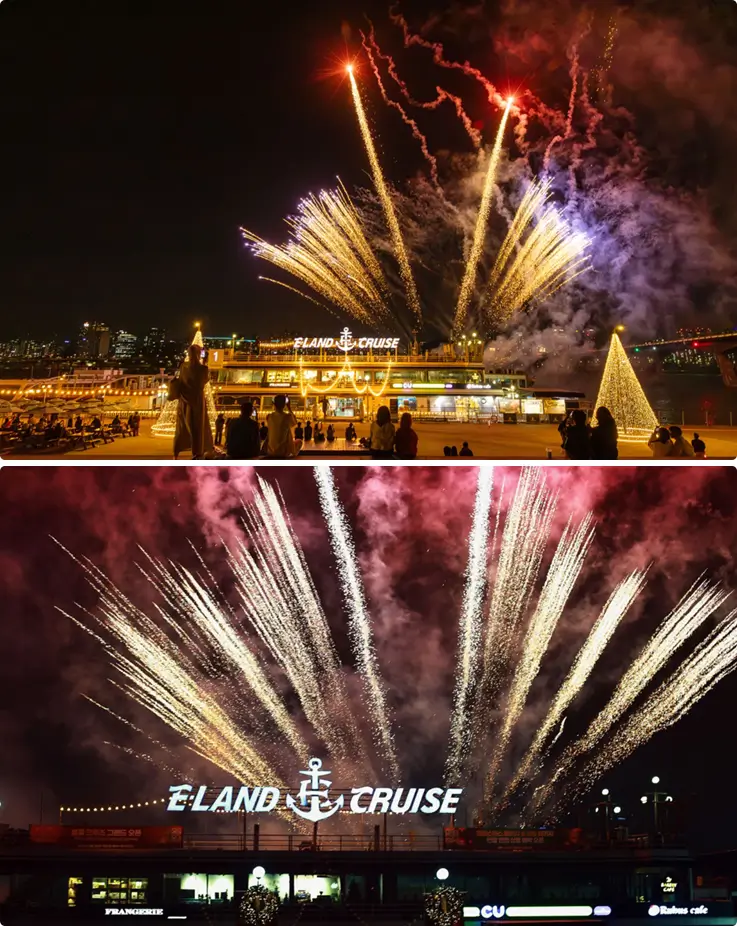 On-board fireworks lighting up the sky on the Hangang Eland Fireworks Cruise.