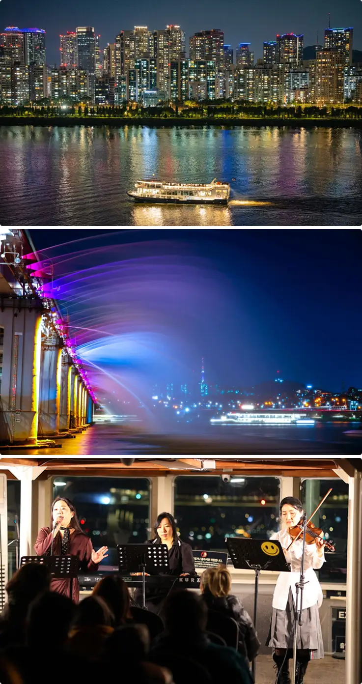 Live band playing on the Moonlight Music Cruise sailing under an illuminated bridge over the Hangang River.