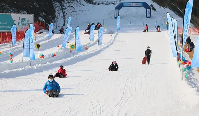 Elysian Gangchon Ski Resort (Ski/ Snowboard/ Snow Sled) + Eobi Ice Valley 1 Day Tour - from Seoul