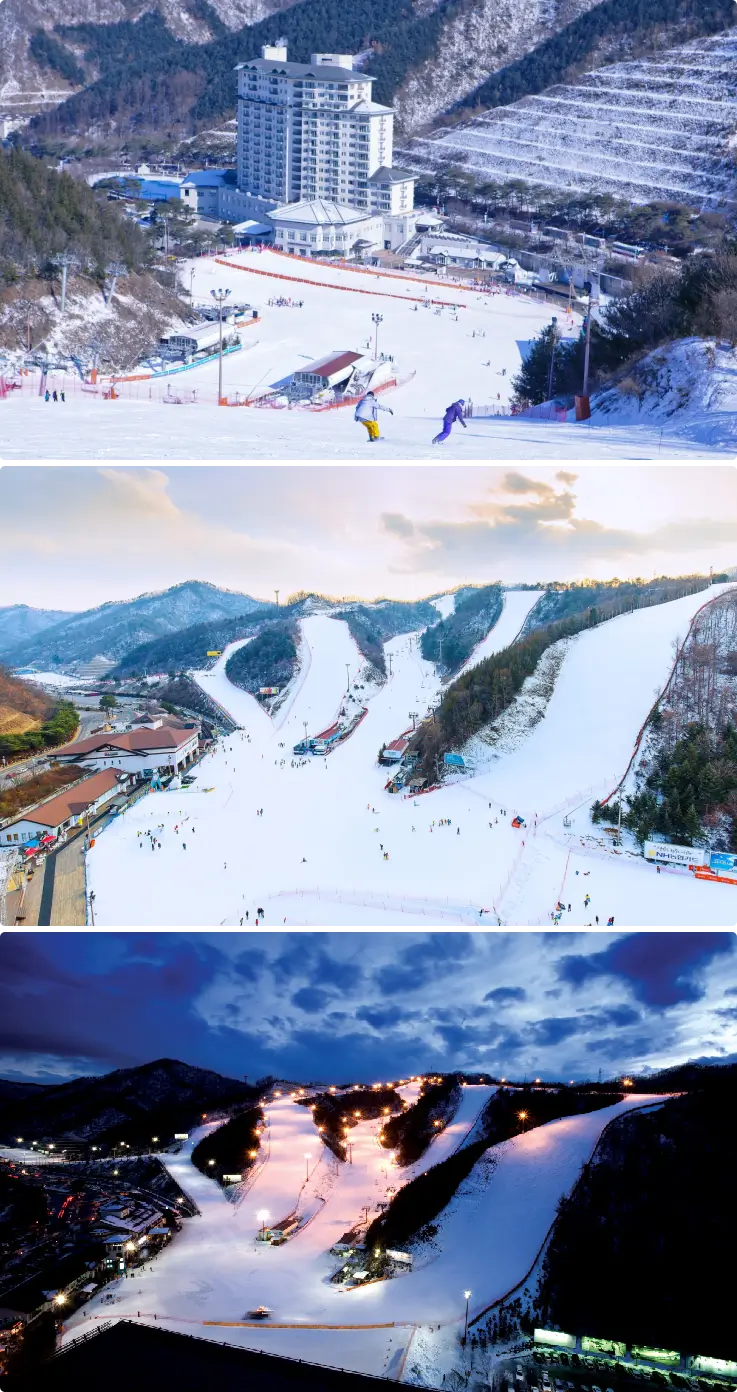 ElSuite Condominium at Elysian Ski Resort with ski slopes captured during day and night